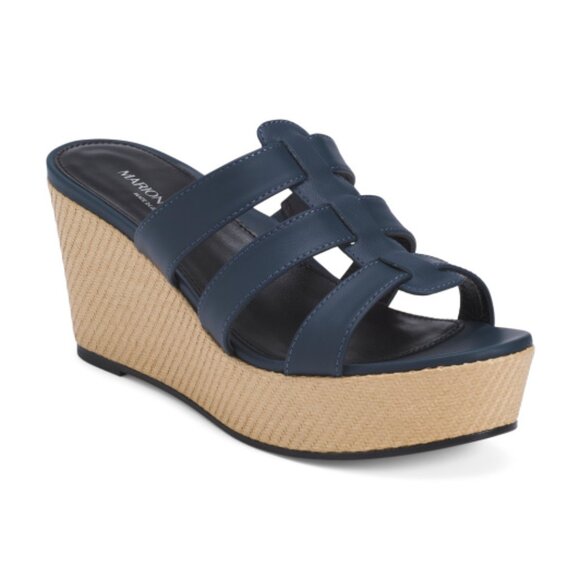 MARION PARKE Made In Italy Leather Page 70 Wedge Sandals Navy - Picture 1 of 2